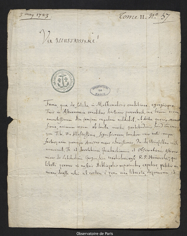 Lettre de Johann Gabriel Doppelmayr à Joseph-Nicolas Delisle, Nuremberg, 3 mai 1723