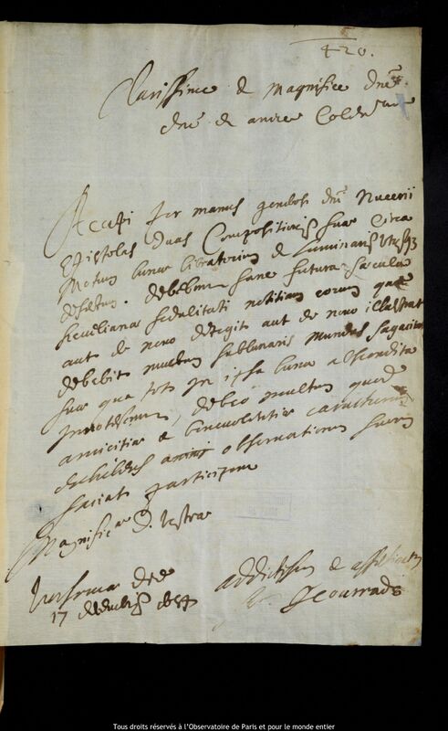 Lettre de J. Conradus à Jan Heweliusz, Varsovie, 17 décembre 1654