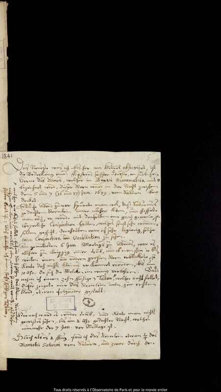 Texte manuscrit de Gottfried Kirch à Jan Heweliusz, Leipzig, 1678