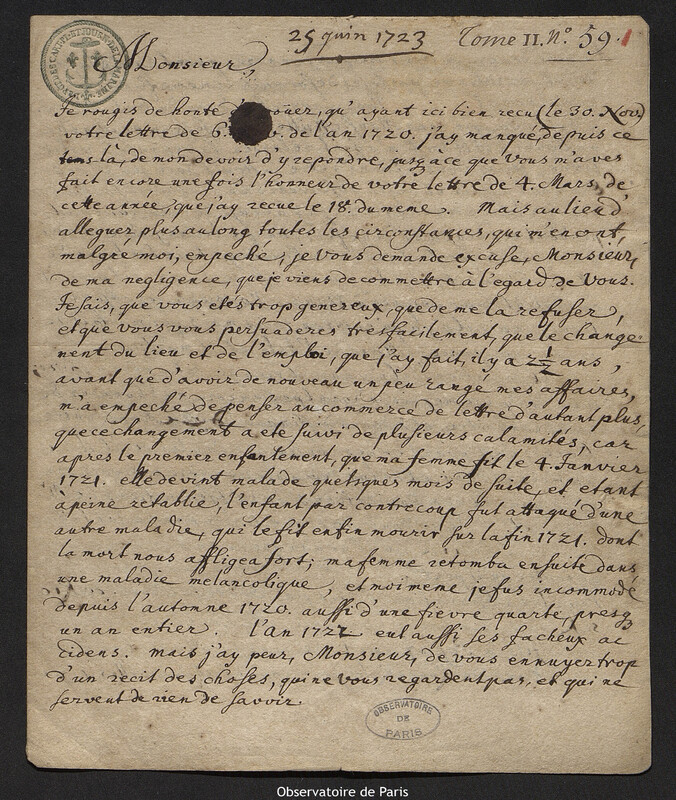 Lettre de Johann Wilhelm Wagner à Joseph-Nicolas Delisle, Hilperhausen, 25 juin 1723