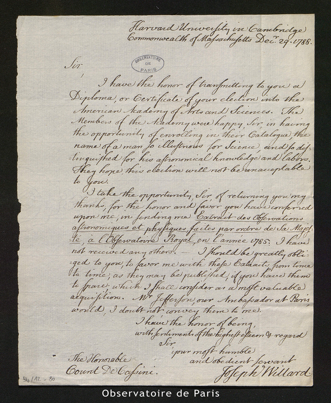 Lettre de Joseph Willard à Cassini IV, Harvard University in Cambridge (Mass.) le 29 décembre 1788