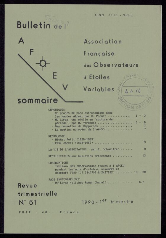 (1990) Bulletin de l'Association Française d'Observateurs d'Étoiles Variables