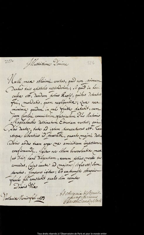 Lettre de Bartholomaeus Sardi à Jan Heweliusz, Varsovie, 5 février 1683