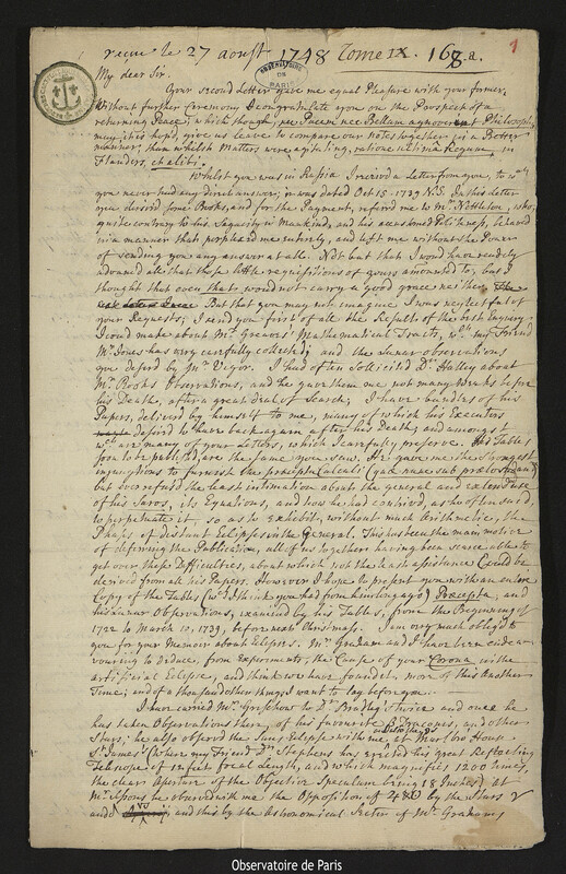 Lettre de Jean Bevis à Joseph-Nicolas Delisle, Londres, 9 août 1748