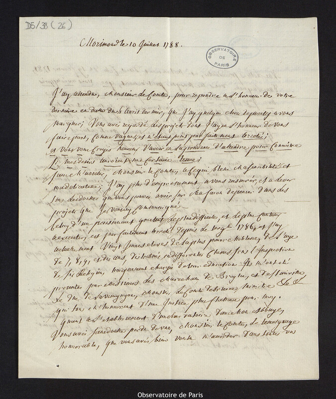 Lettre d'Antoine Chautan, abbé de Morimond à Cassini IV, 10 juillet 1788