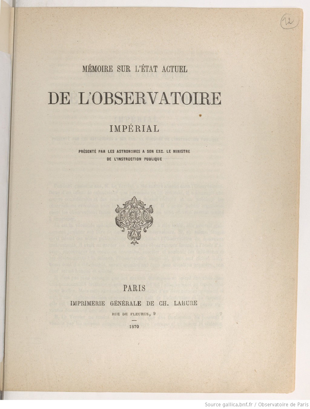 Mémoire sur l'état actuel de l'Observatoire impérial présenté par les astronomes à son Excellence le Ministre de l'Instruction Publique