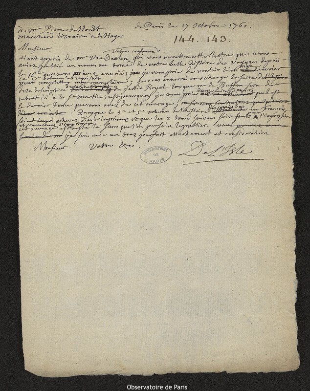 Lettre de Joseph-Nicolas Delisle à Pieter De Hondt, Paris, 17 octobre 1760