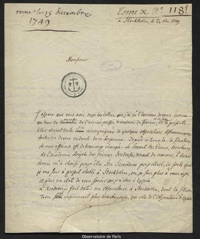 Lettre de Pehr Wilhelm Wargentin à Joseph-Nicolas Delisle, Stockholm, 28 novembre 1749