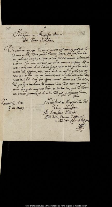 Lettre de Stanislaw Niewieski à Jan Heweliusz, Zamosc, 12 mars 1681