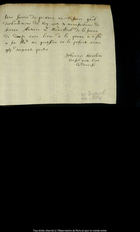 Texte manuscrit de Jan Heweliusz à Antoine-Gédéon Le Ménestrel de Hauguel, Gdansk, 27 septembre 1664