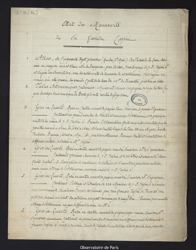 CASSINI IV. Etat des Manuscrits de la famille Cassini