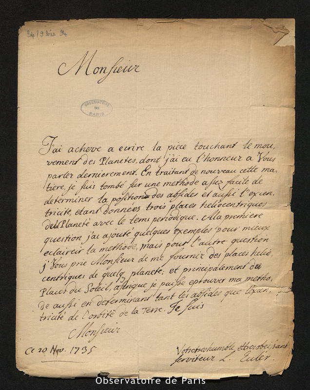 Lettre de L. Euler à Delisle, le 20 novembre 1735