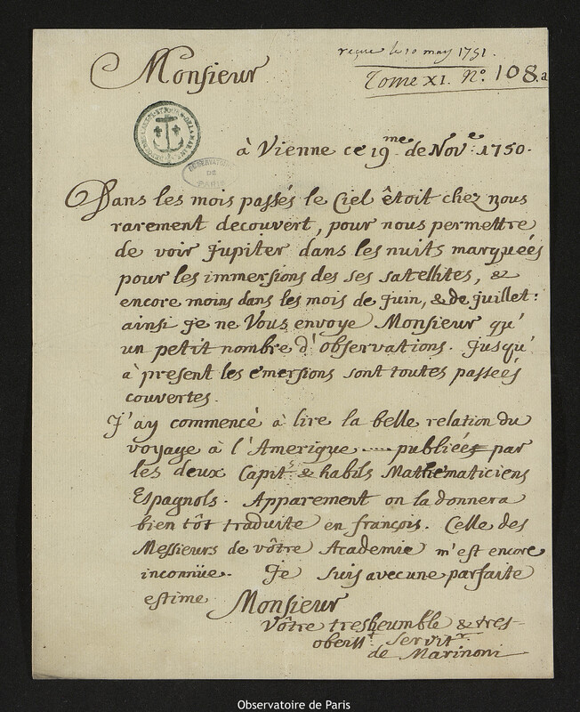 Lettre de Giovanni Giacomo Marinoni à Joseph-Nicolas Delisle, Vienne, 19 novembre 1750