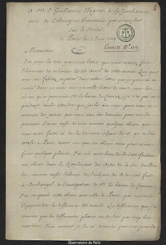 Lettre de Joseph-Nicolas Delisle à Johann Wilhelm Wagner, Paris, 7 juin 1724