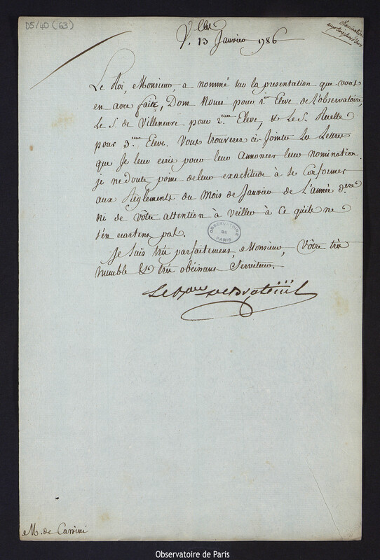 Lettre de Louis Le Tonnelier, baron de Breteuil, à Cassini IV, directeur de l'Observatoire, le 13 janvier 1786