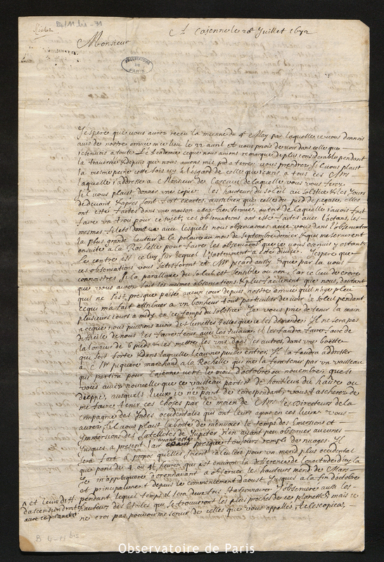 Lettre de Richer à Cassini I, Cayenne le 20 juillet 1672