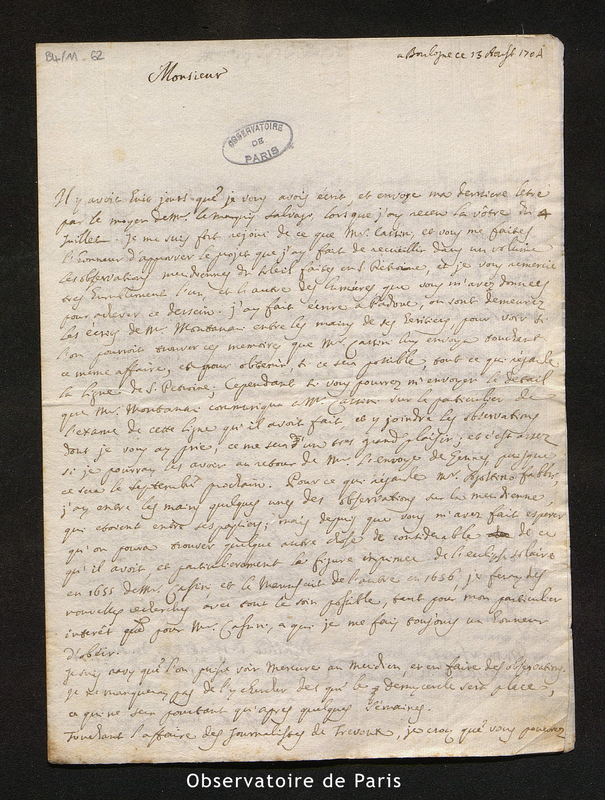 Lettre de Manfredi à [Maraldi], Bologne le 13 août 1704