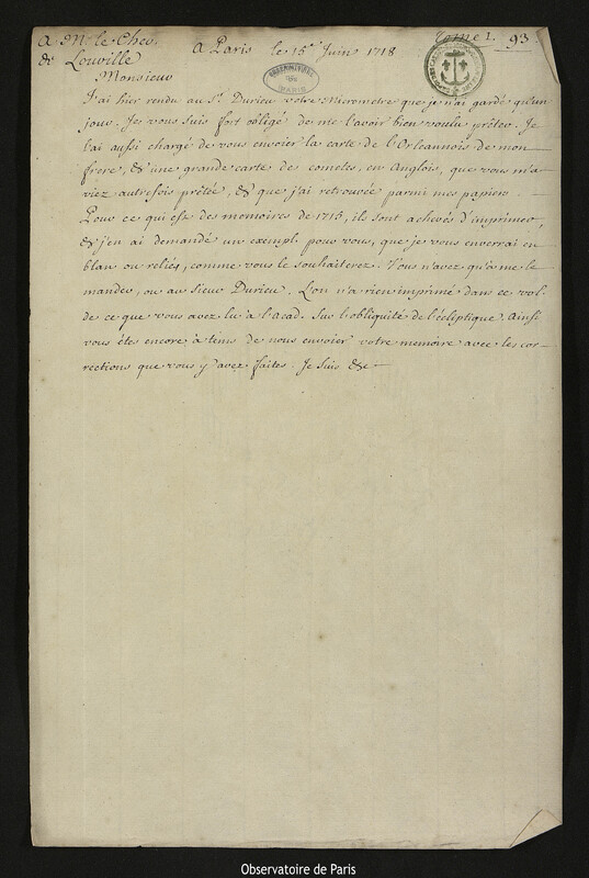 Lettre de Joseph-Nicolas Delisle à Jacques d'Allonville de Louville, Paris, 15 juin 1718