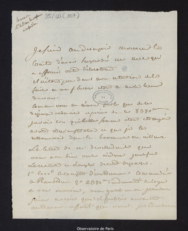 Lettre de Pierre Tondu dit Lebrun, à Cassini IV, directeur de l'Observatoire, le 11 février 1790