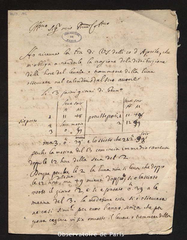 Lettre de Cassini I, Paris le 18 mai 1690