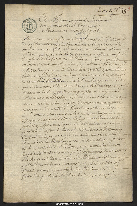 Lettre de Joseph-Nicolas Delisle à Johann Georg Gmelin, Paris, 28 novembre 1748