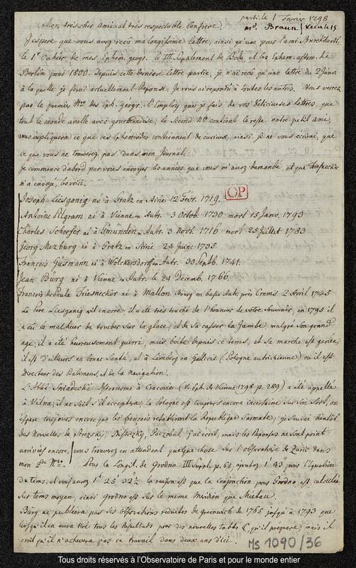 Lettre du baron Franz Xaver von Zach à Joseph Jérôme Le françois de Lalande [Gotha], 1er février 1798