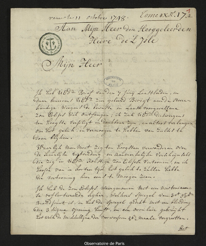 Lettre de Dirk Klinkenberg à Joseph-Nicolas Delisle, Haarlem, 6 octobre 1748