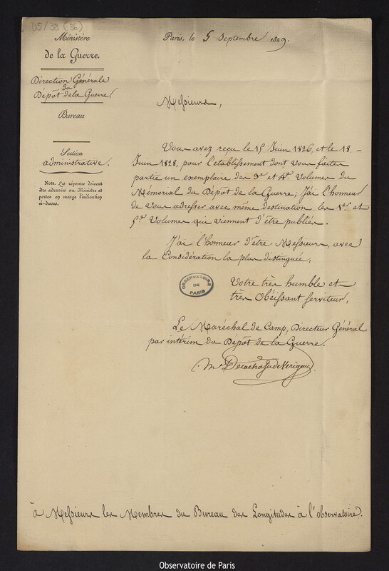 Lettre d'Edme de La Chasse de Vérigny, directeur par intérim du Dépôt de la Guerre, à Gaspard de Prony, président du Bureau des Longitudes, le 5 septembre 1829