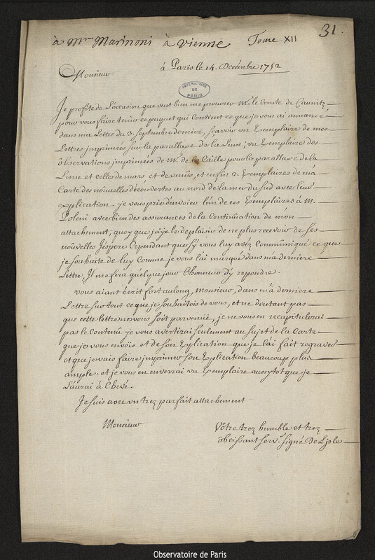 Lettre de Joseph-Nicolas Delisle à Giovanni Giacomo Marinoni, Paris, 14 décembre 1752