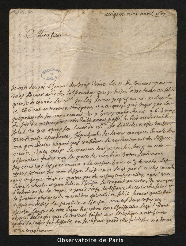 Lettre de Gallet à Cassini I, Avignon le 21 avril 1677