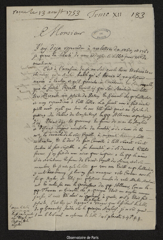 Lettre de Antoine Gaubil à Joseph-Nicolas Delisle, Pékin, 12 novembre 1752