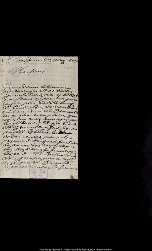 Lettre de Pierre Des Noyers à Jan Heweliusz, Varsovie, 3 mai 1675