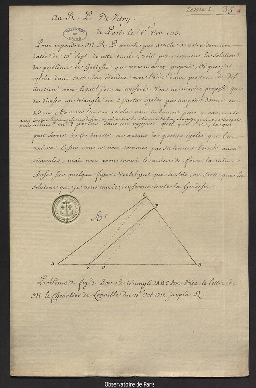 Lettre de Joseph-Nicolas Delisle à Édouard de Vitry, Paris, 6 novembre 1713