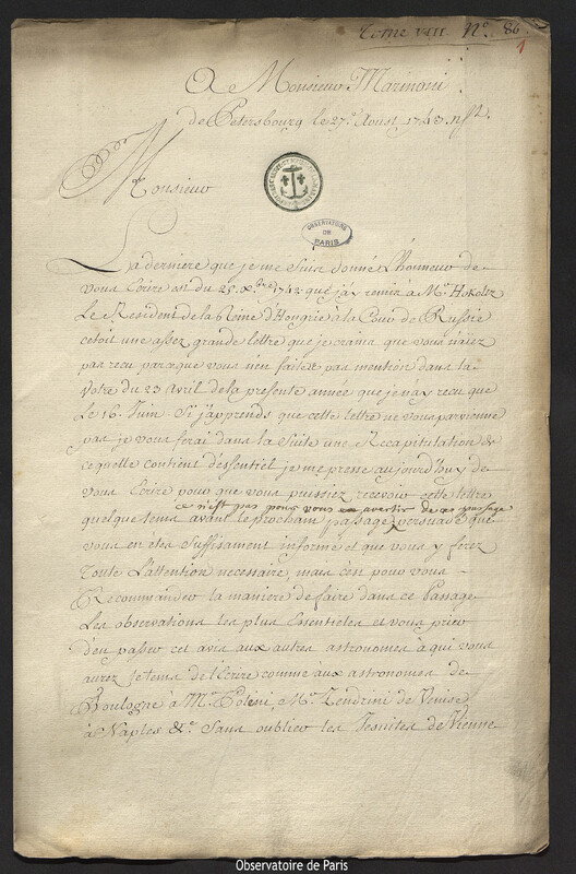 Lettre de Joseph-Nicolas Delisle à Giovanni Giacomo Marinoni, Saint-Pétersbourg, 27 août 1743