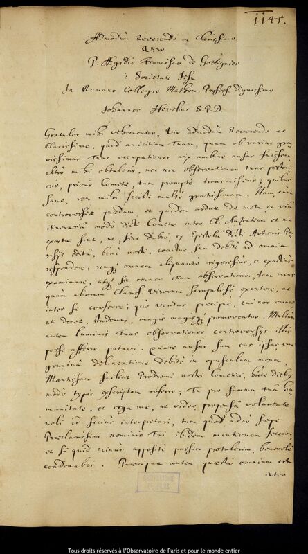 Lettre de Jan Heweliusz à Gilles François de Gottignies, Gdansk, 9 juillet 1666