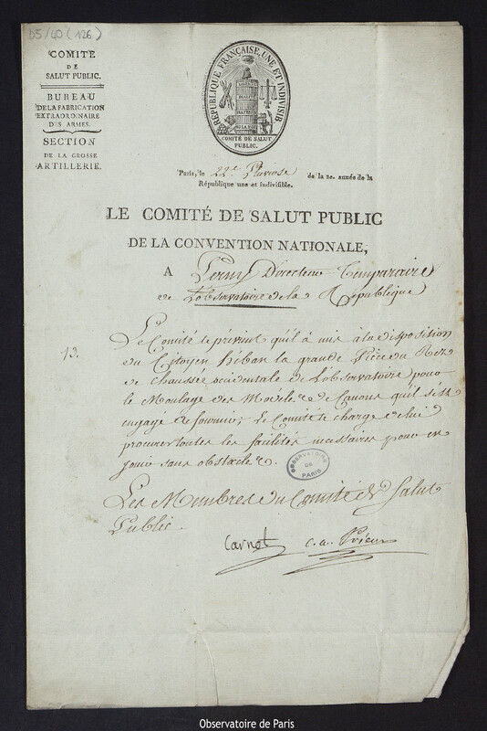 Lettre du Comité de Salut Public de la Convention nationale au Citoyen Perny directeur temporaire de l'Observatoire de la République, le 10 février 1794