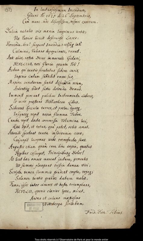 Texte manuscrit de Friedrich Daniel Titz à Jan Heweliusz, 26 septembre 1679