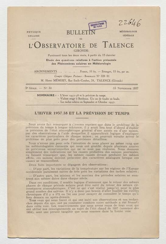 (1937) Bulletin de l'Observatoire de Talence, 3e série