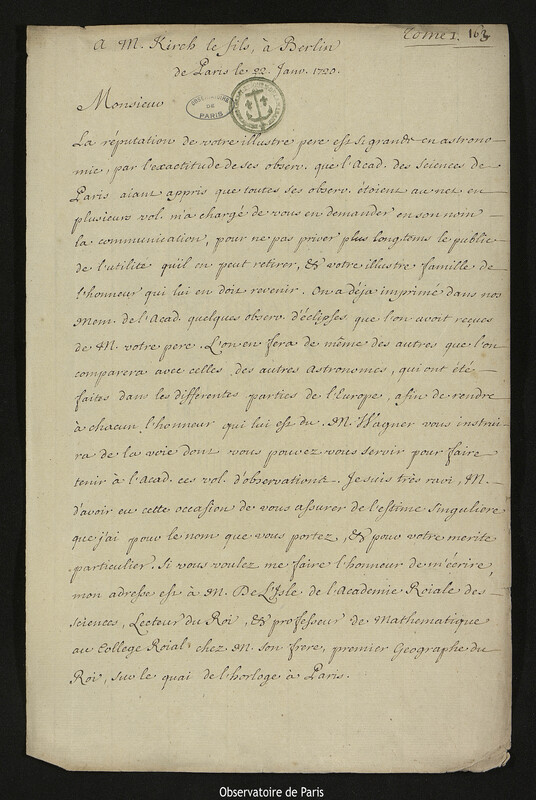 Lettre de Joseph-Nicolas Delisle à Christfried Kirch, Paris, 22 janvier 1720