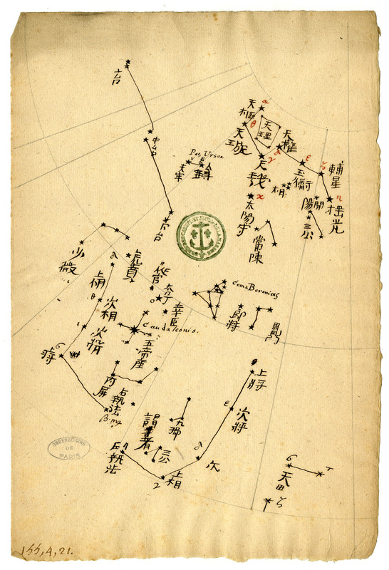 Dessin à l'encre des constellations du Lion, de la Grande Ourse et d’autres étoiles circumpolaires