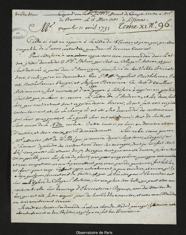 Lettre de Emmanuel de Campos à José Joaquim Soares de Barros e Vasconcellos, Lisbonne, 16 mars 1751