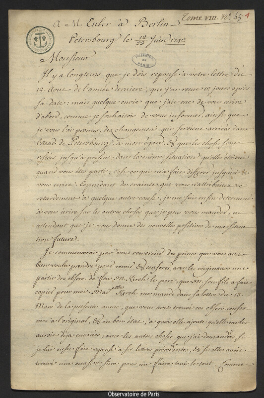 Lettre de Joseph-Nicolas Delisle à Leonhard Euler, Saint-Pétersbourg,23 juin 1742