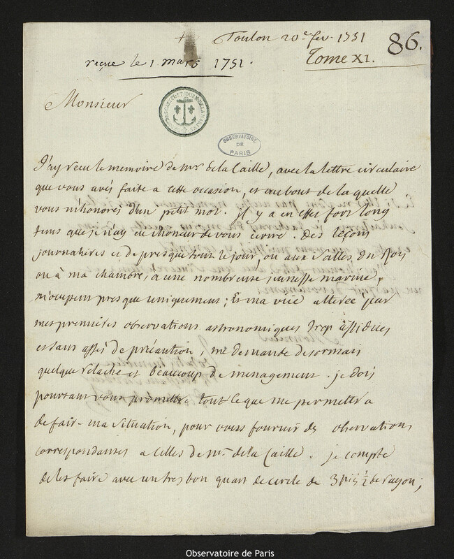 Lettre de Jean-Jacques Du Chatelard à Joseph-Nicolas Delisle, Toulon, 20 février 1751