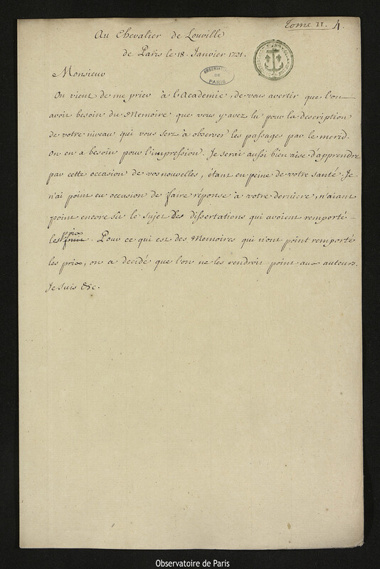 Lettre de Joseph-Nicolas Delisle à Jacques d'Allonville de Louville, Paris, 18 janvier 1721