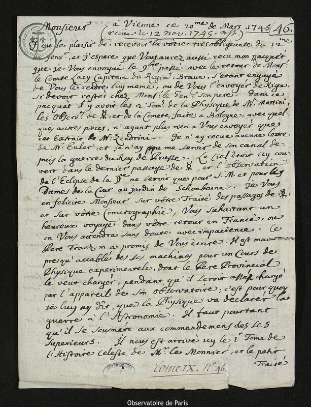 Lettre de Giovanni Giacomo Marinoni à Joseph-Nicolas Delisle, Vienne, 20 mars 1745