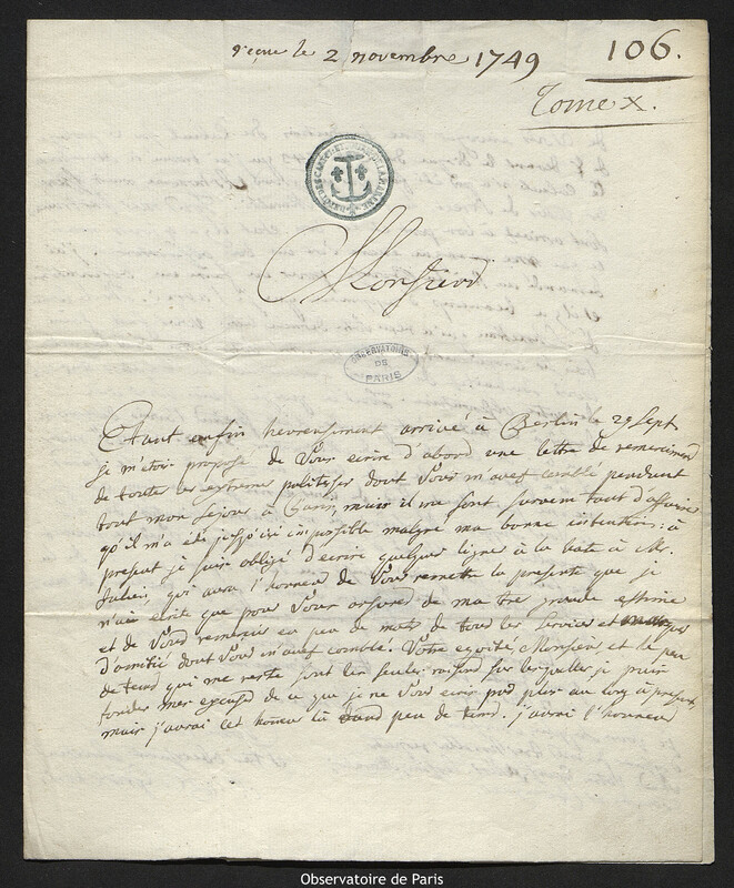 Lettre de Augustin Nathanael Grischow à Joseph-Nicolas Delisle, Berlin, 12 octobre 1749