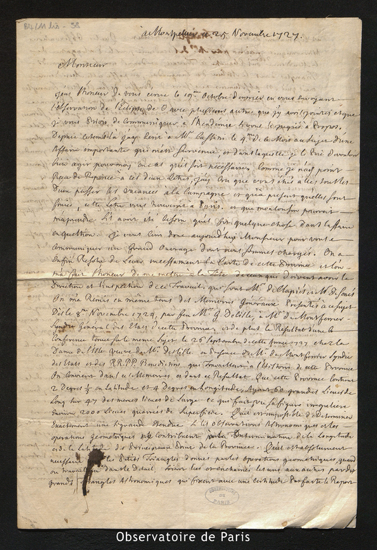 Lettre de Plantade, Montpellier le 25 novembre 1727