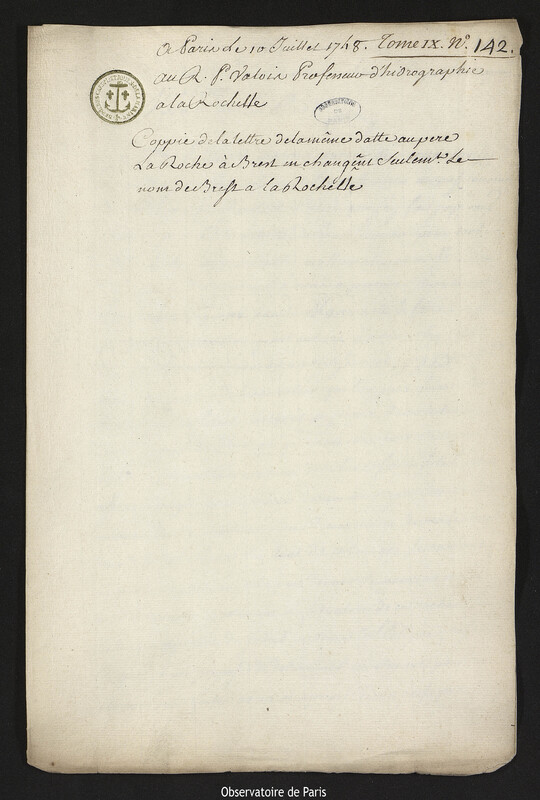 Lettre de Joseph-Nicolas Delisle à Père La Roche, professeur d'hydrographie, Paris, 10 juillet 1748