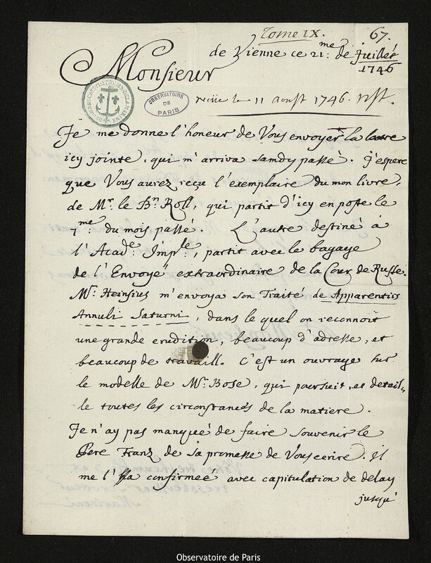 Lettre de Giovanni Giacomo Marinoni à Joseph-Nicolas Delisle, Vienne, 21 juillet 1746