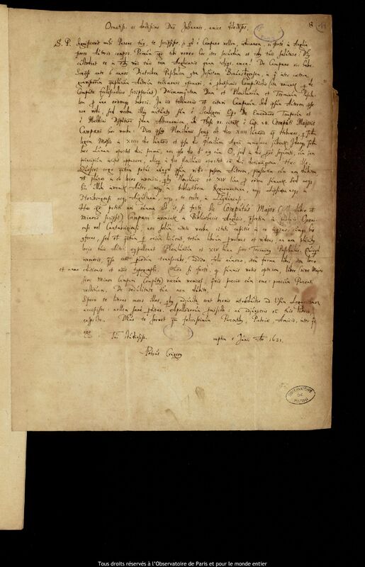 Lettre de Peter Crüger à Jan Heweliusz, Gdansk, 5 juin 1631